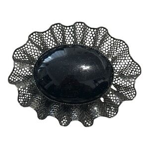 Vintage Black Lace Ruffle Brooch Pin Jewelry Art Deco 60’s 70’s 80’s Mid Century